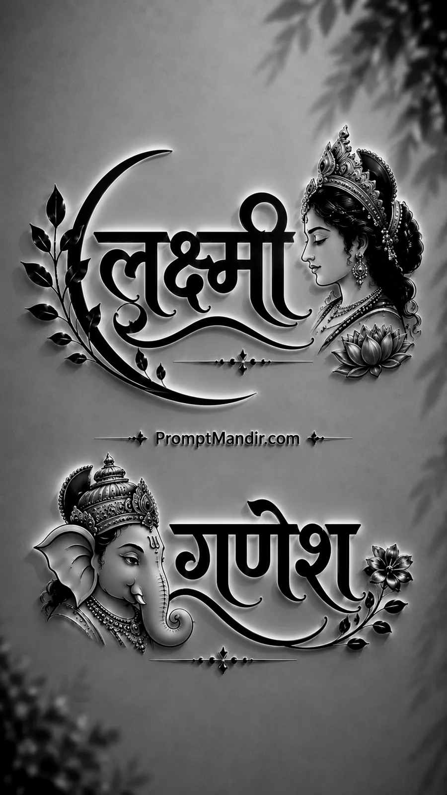 Elegant 3D black and white embossed typography of Goddess Lakshmi and Lord Ganesha with their names in Devanagari script, lotus, and floral motifs