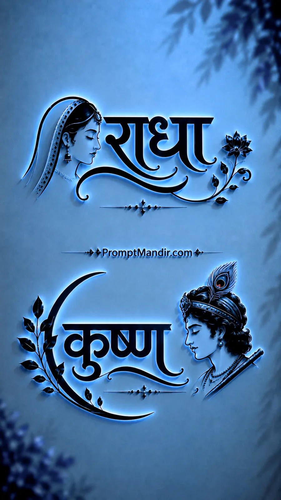 Modern 3D neon blue embossed typography of Goddess Radha and Lord Krishna with their names in Devanagari script, flute, and peacock feather