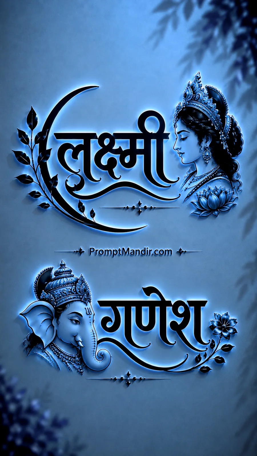 Modern 3D neon blue embossed typography of Goddess Lakshmi and Lord Ganesha with their names, a lotus, and floral motifs
