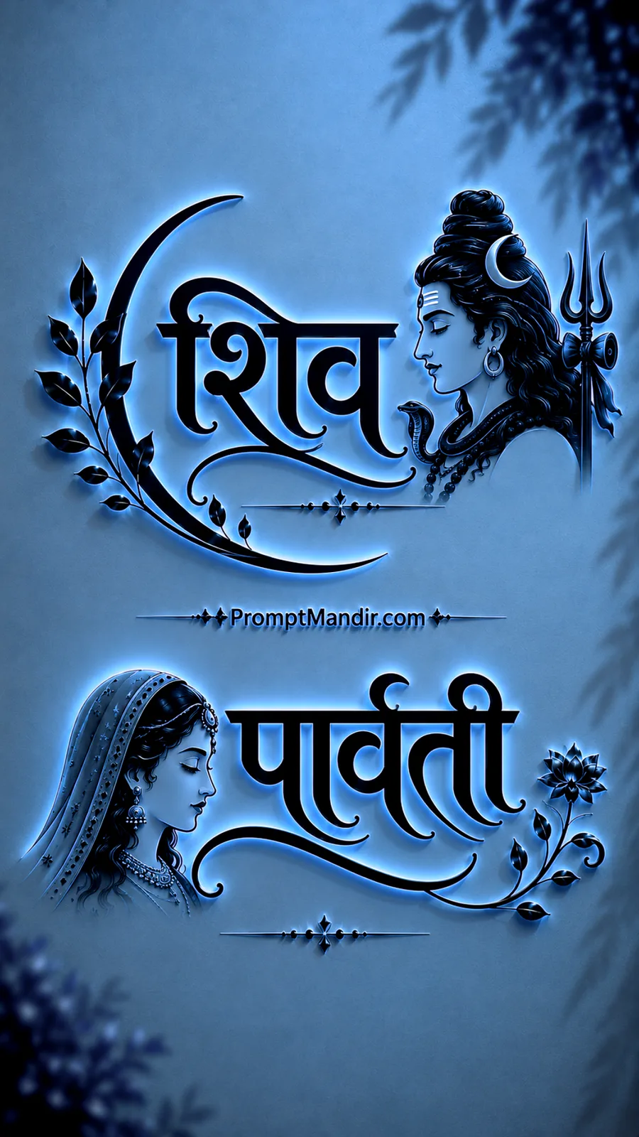 Modern 3D neon blue embossed typography of Lord Shiva and Goddess Parvati with their names, a Trishul, and a crescent moon