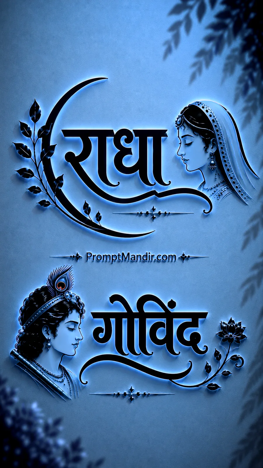 Modern 3D neon blue embossed typography of Goddess Radha and Lord Govind with their names, a flute, and a peacock feather
