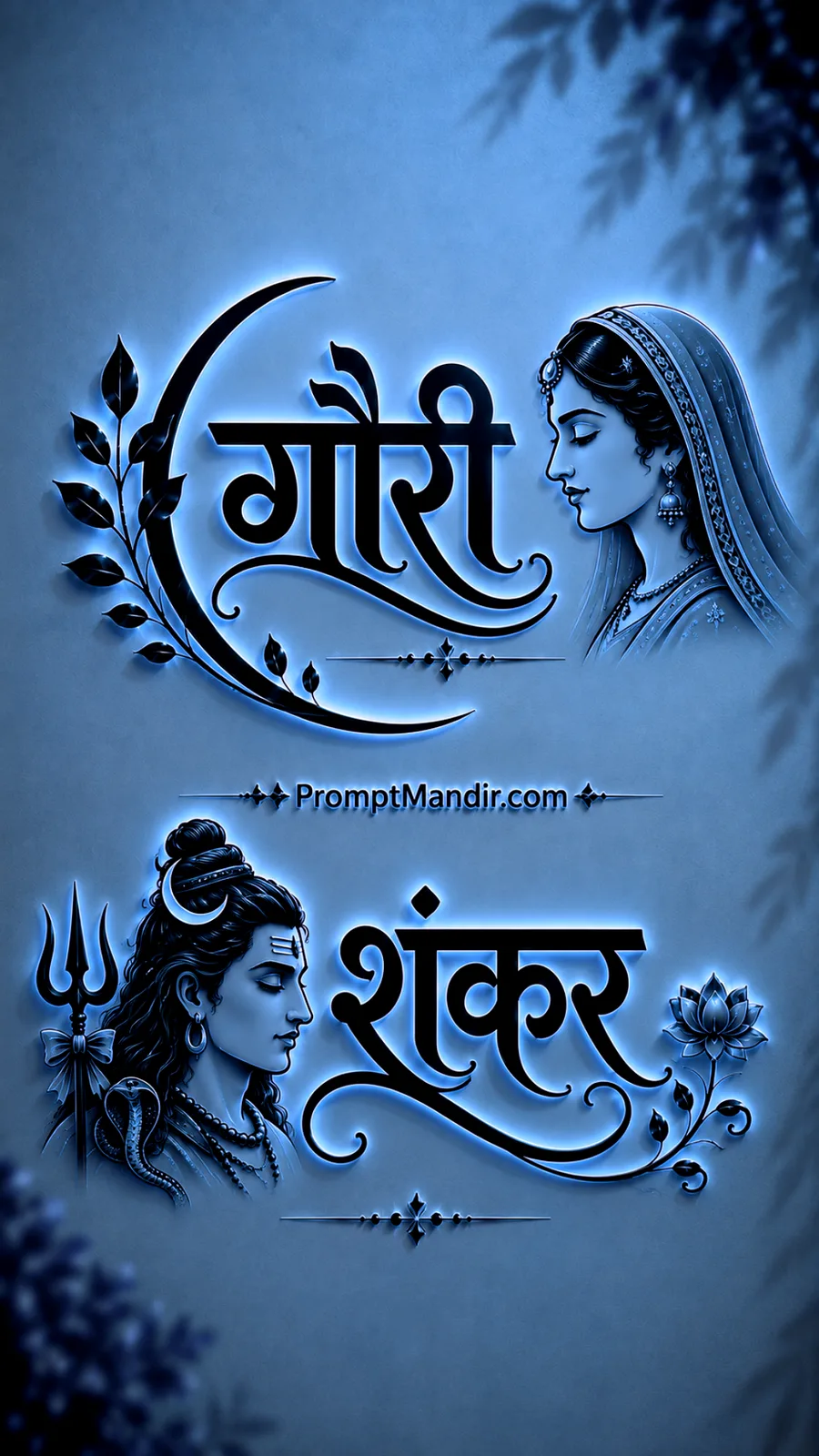 Modern 3D neon blue embossed typography of Goddess Gauri and Lord Shankar with their names, a Trishul, and a serpent