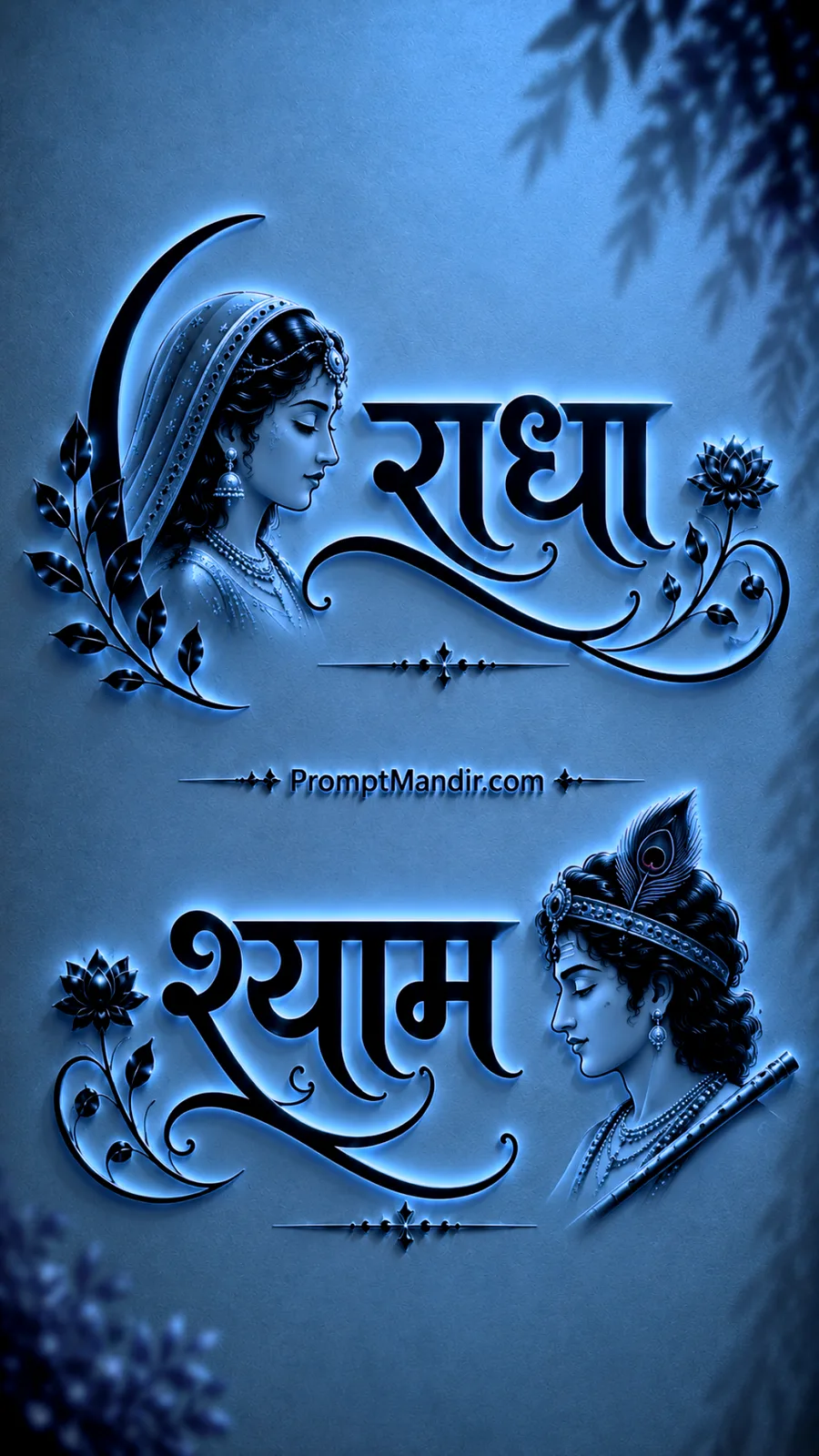 Modern 3D neon blue embossed typography of Goddess Radha and Lord Shyam with their names, a flute, and a peacock feather