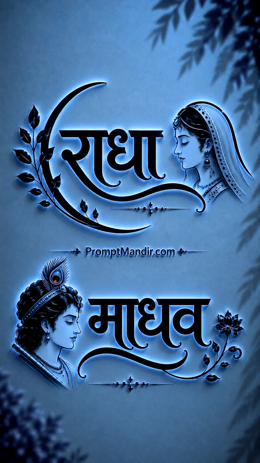 Modern 3D neon blue embossed typography of Goddess Radha and Lord Madhava with their names, a flute, and a peacock feather