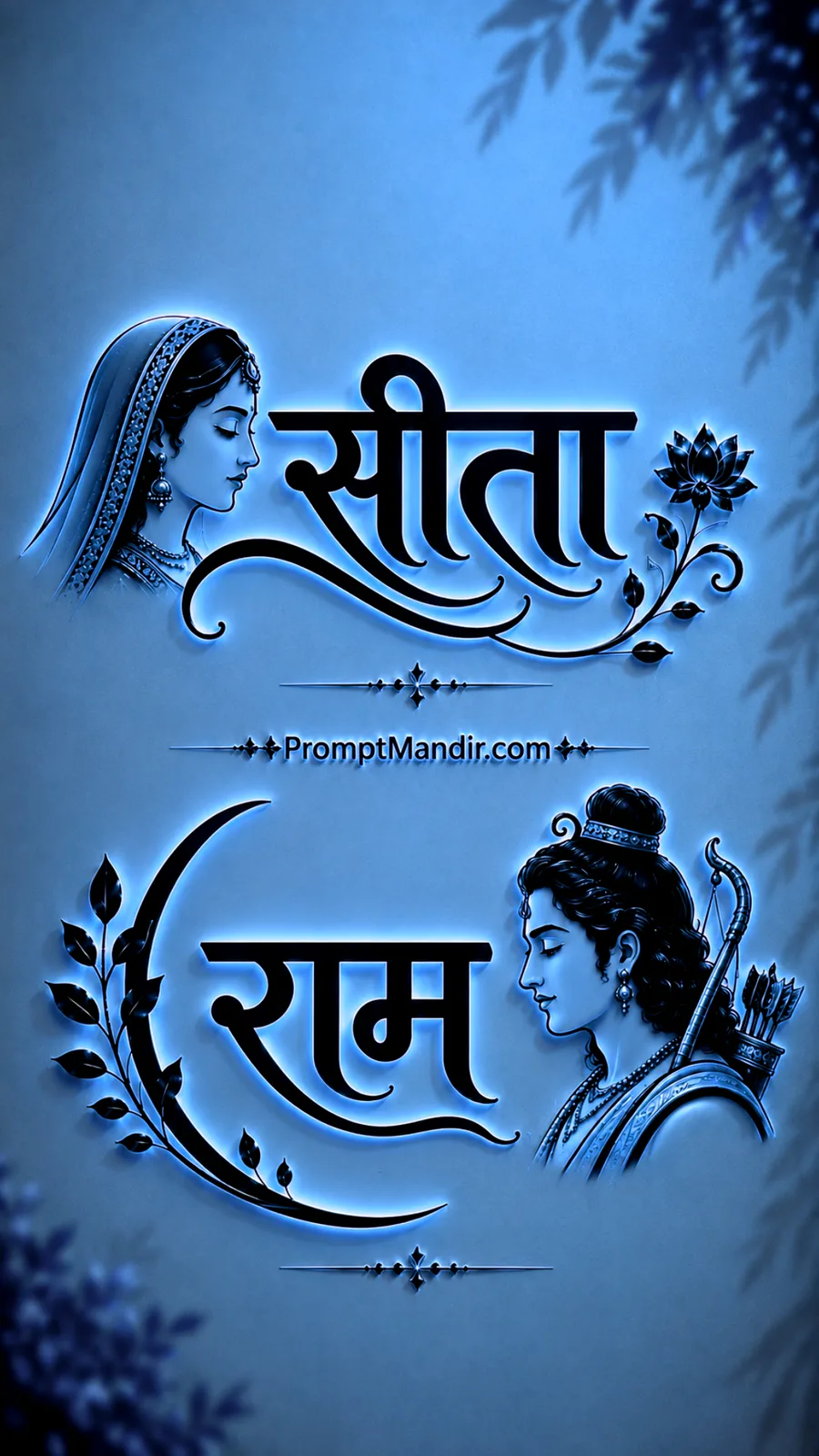 Modern 3D neon blue embossed typography of Goddess Sita and Lord Rama with their names, a bow, and floral motifs