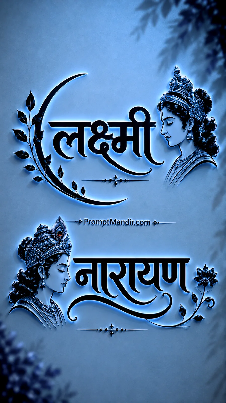 Modern 3D neon blue embossed typography of Goddess Lakshmi and Lord Narayana with their names, a lotus, and a crown