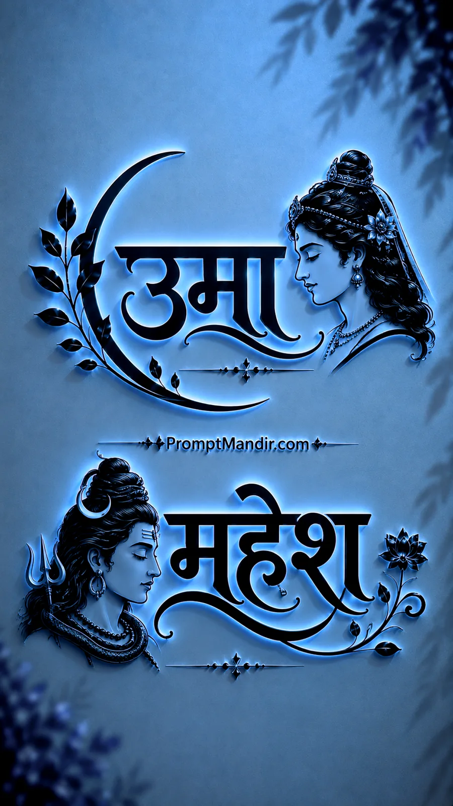 Modern 3D neon blue embossed typography of Goddess Uma and Lord Mahesh with their names, a Trishul, and a crescent moon