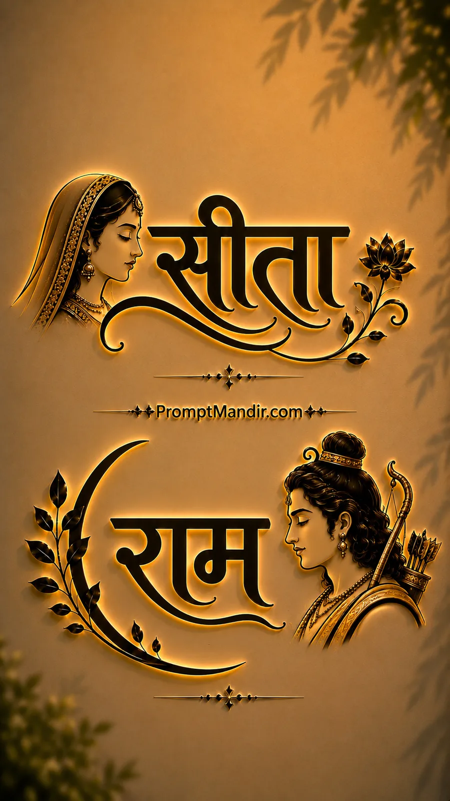 Luxurious 3D golden embossed typography of Goddess Sita and Lord Rama with their names in Devanagari script, a bow, quiver, and lotus motifs