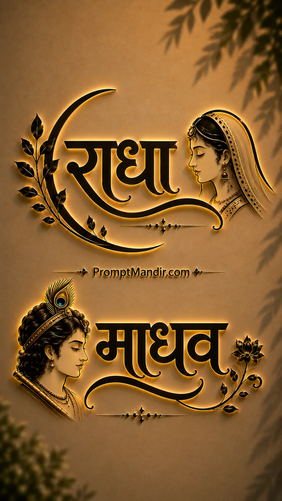 Luxurious 3D golden embossed typography of Goddess Radha and Lord Madhava with their names, a flute, a peacock feather, and floral motifs