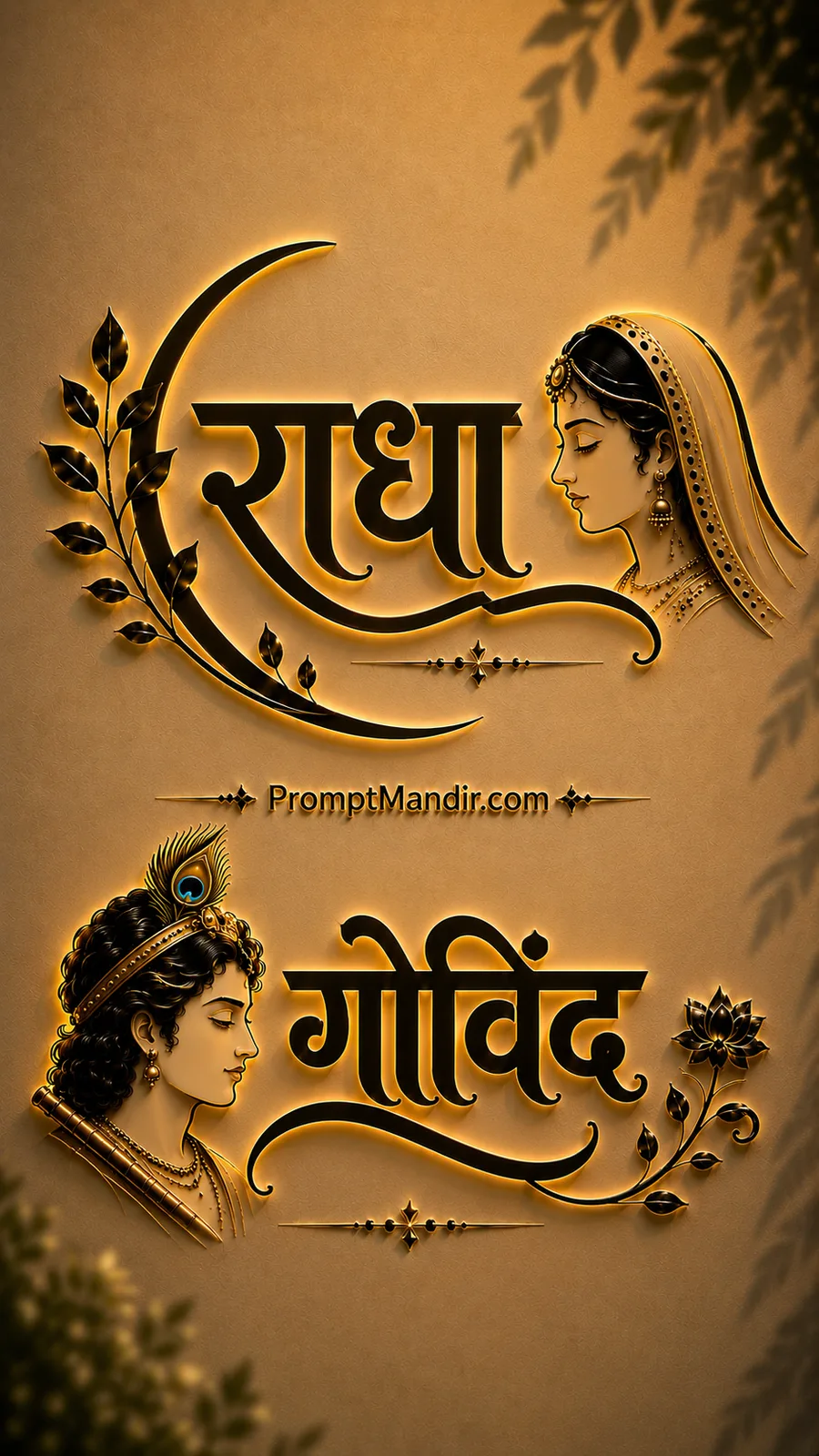 Luxurious 3D golden embossed typography of Goddess Radha and Lord Govind with their names, a flute, and a peacock feather