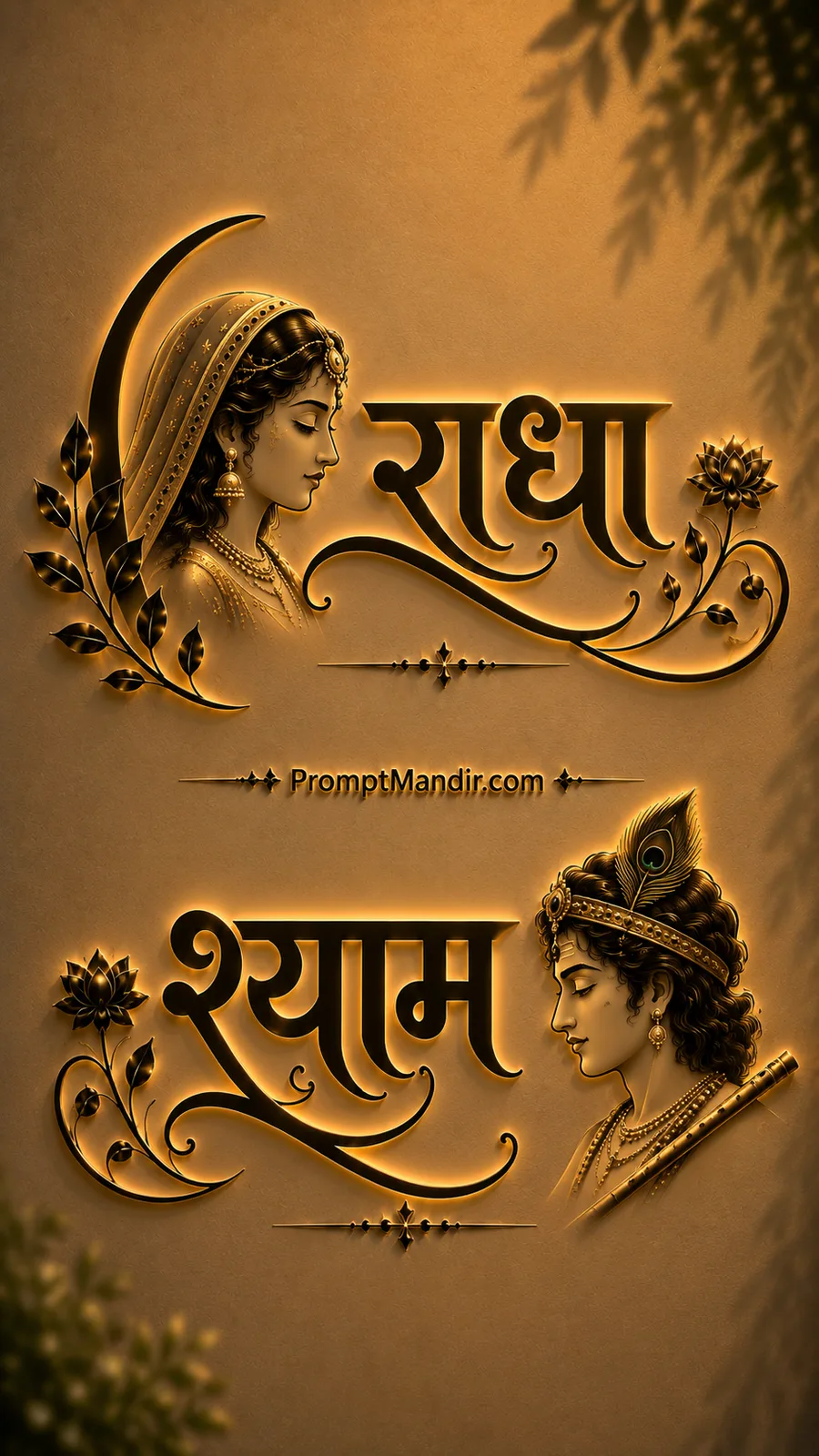 Luxurious 3D golden embossed typography of Goddess Radha and Lord Shyam with their names, a flute, and a peacock feather