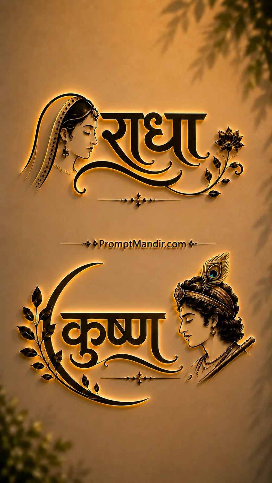 Luxurious 3D golden embossed typography of Goddess Radha and Lord Krishna with their names, a flute, and a peacock feather