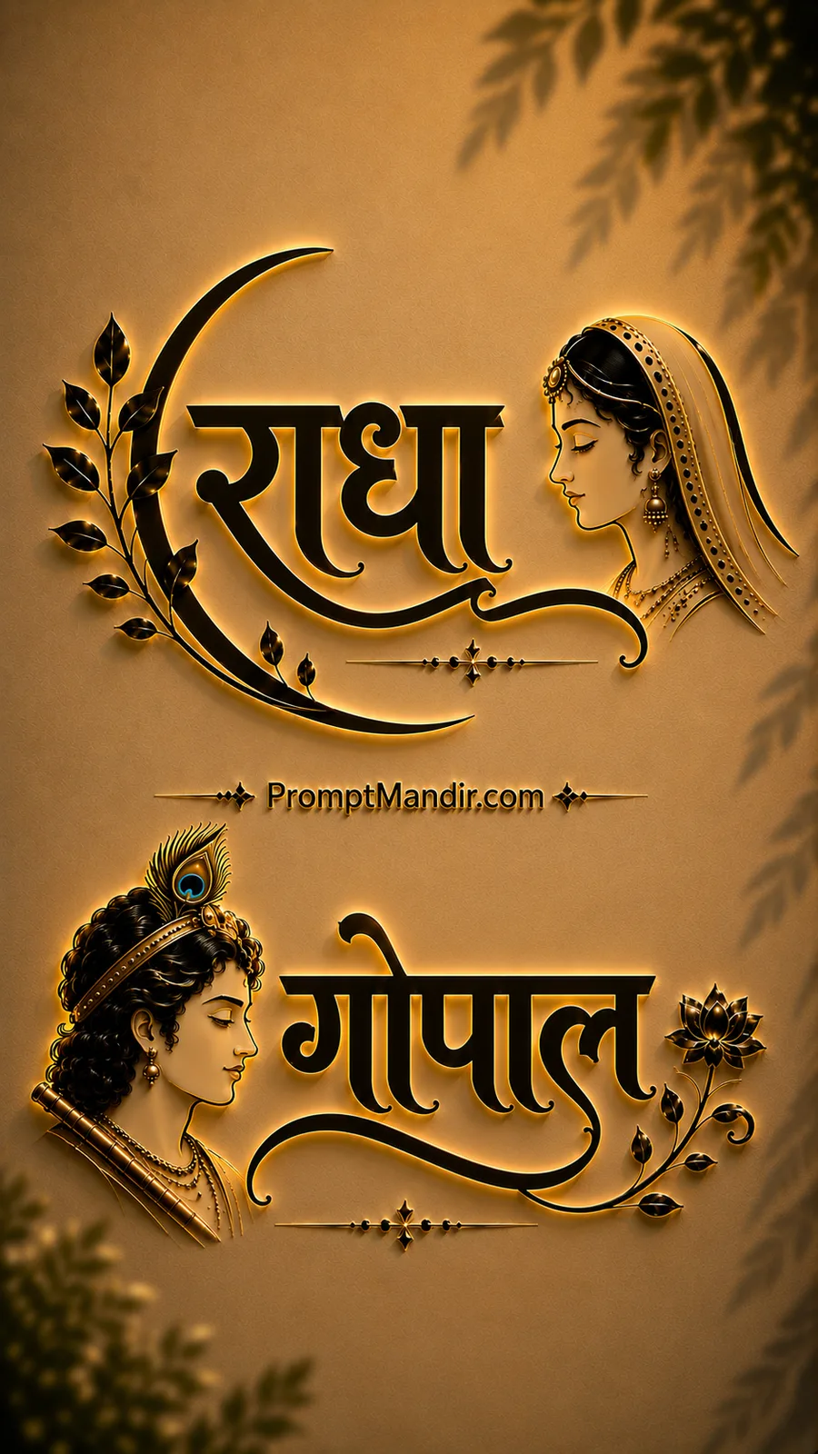 Luxurious 3D golden embossed typography of Goddess Radha and Lord Gopal with their names, a flute, and a peacock feather