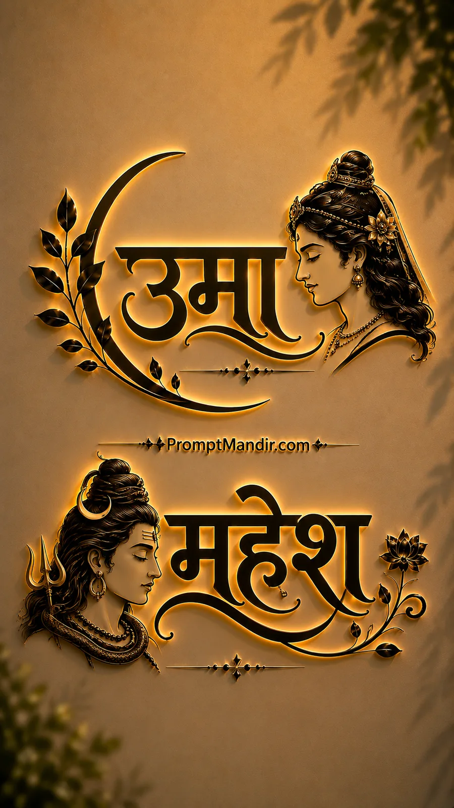 Luxurious 3D golden embossed typography of Goddess Uma and Lord Mahesh with their names, a Trishul, and a crescent moon