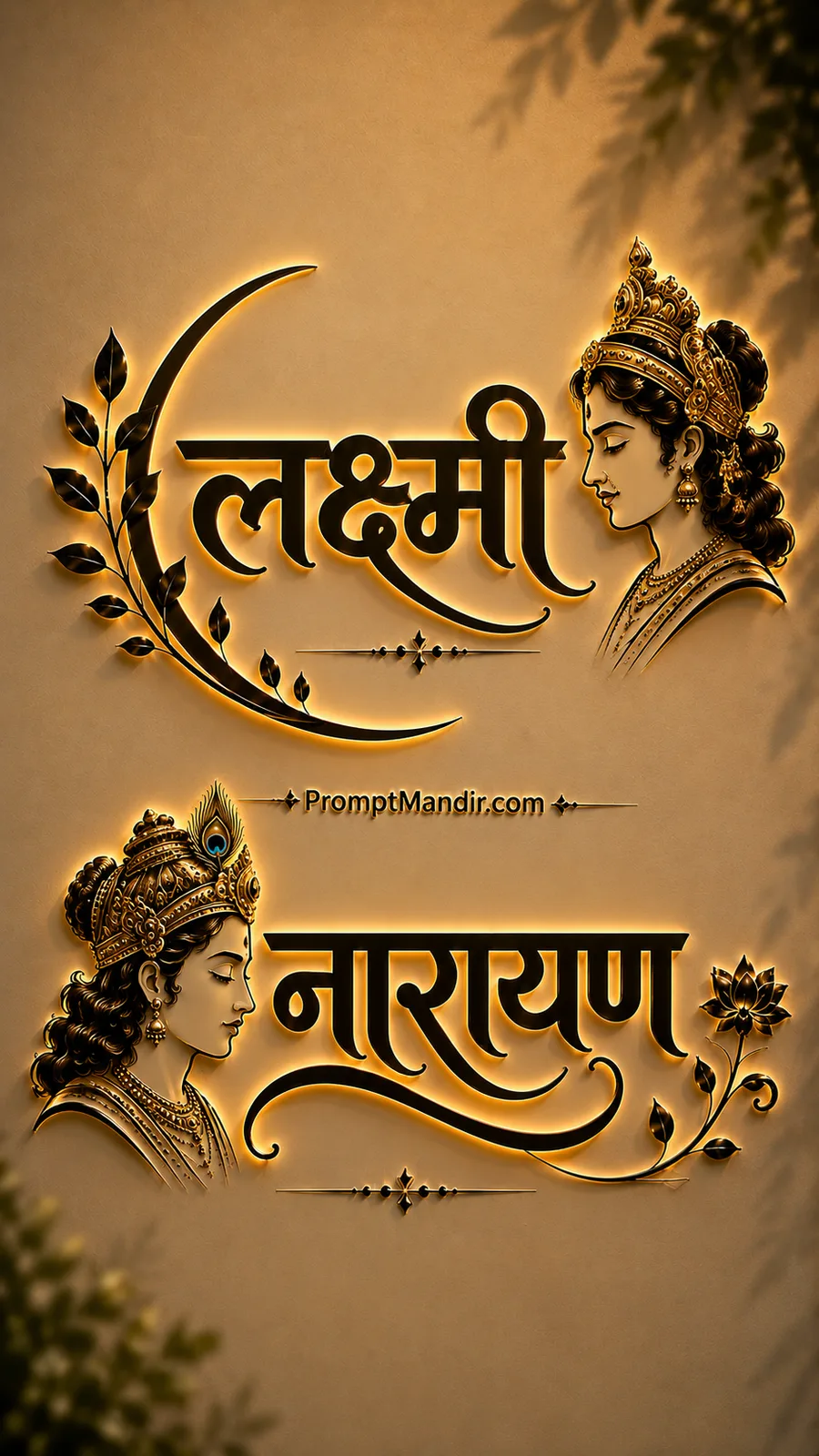 Luxurious 3D golden embossed typography of Goddess Lakshmi and Lord Narayana with their names, a lotus, and a crown