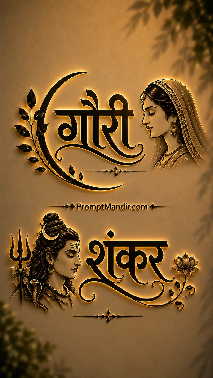 Luxurious 3D golden embossed typography of Goddess Gauri and Lord Shankar with their names in Devanagari script, a Trishul, a serpent, and a crescent moon