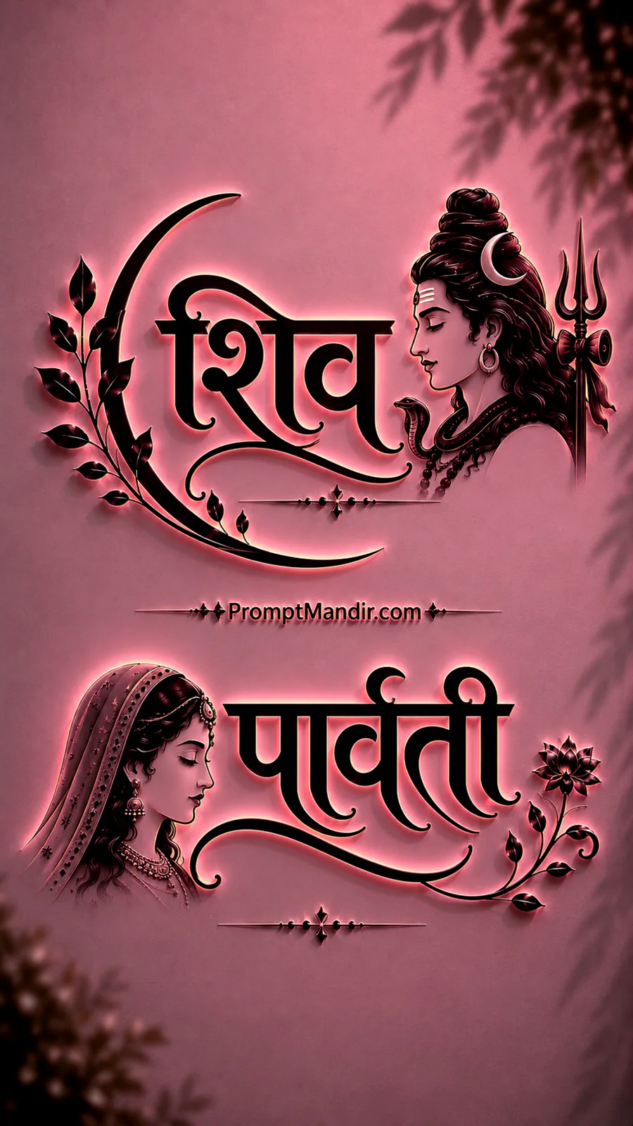 Soft 3D pink neon embossed typography of Lord Shiva and Goddess Parvati with their names, a Trishul, and a crescent moon