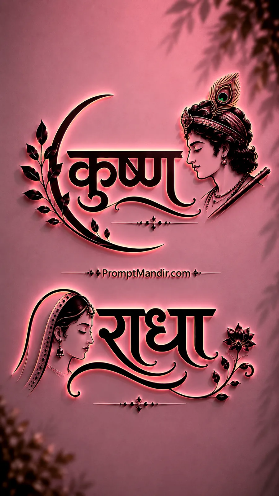 Soft 3D pink neon embossed typography of Lord Krishna and Goddess Radha with their names, a flute, and a peacock feather