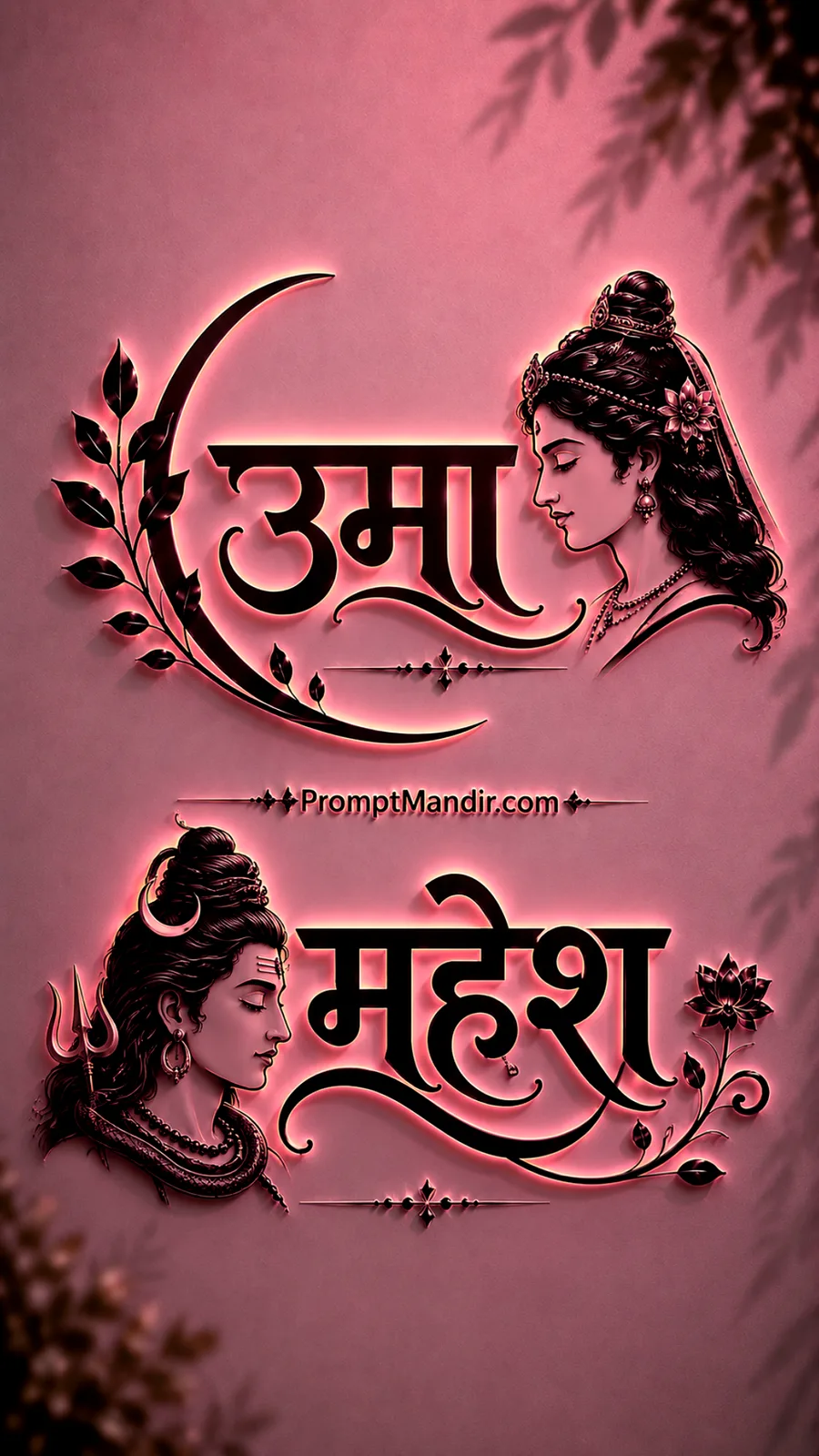 Soft 3D pink neon embossed typography of Goddess Uma and Lord Mahesh with their names, a Trishul, and a crescent moon