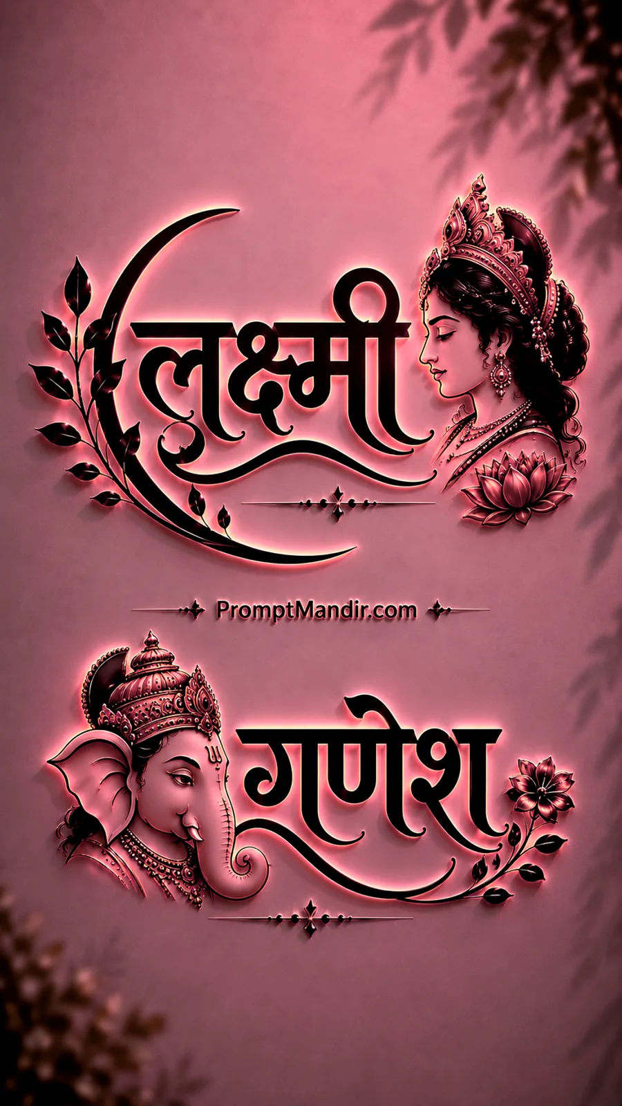 Soft 3D pink neon embossed typography of Goddess Lakshmi and Lord Ganesha with their names and a lotus flower