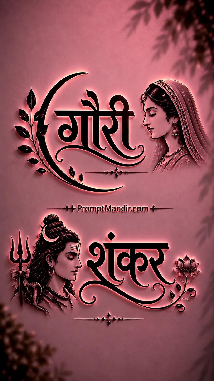 Soft 3D pink neon embossed typography of Goddess Gauri and Lord Shankar with their names, a Trishul, and a serpent