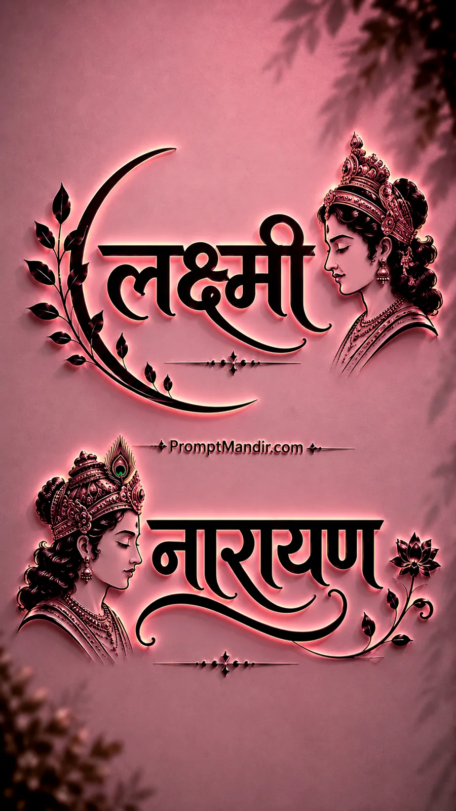 Soft 3D pink neon embossed typography of Goddess Lakshmi and Lord Narayana with their names and a lotus flower