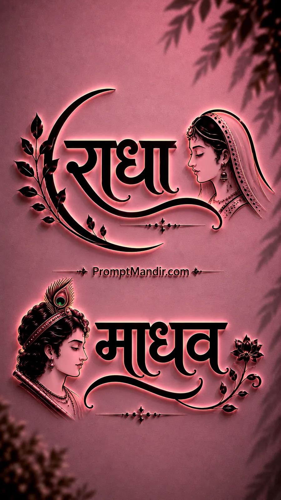 Soft 3D pink neon embossed typography of Goddess Radha and Lord Madhava with their names, a flute, and a peacock feather