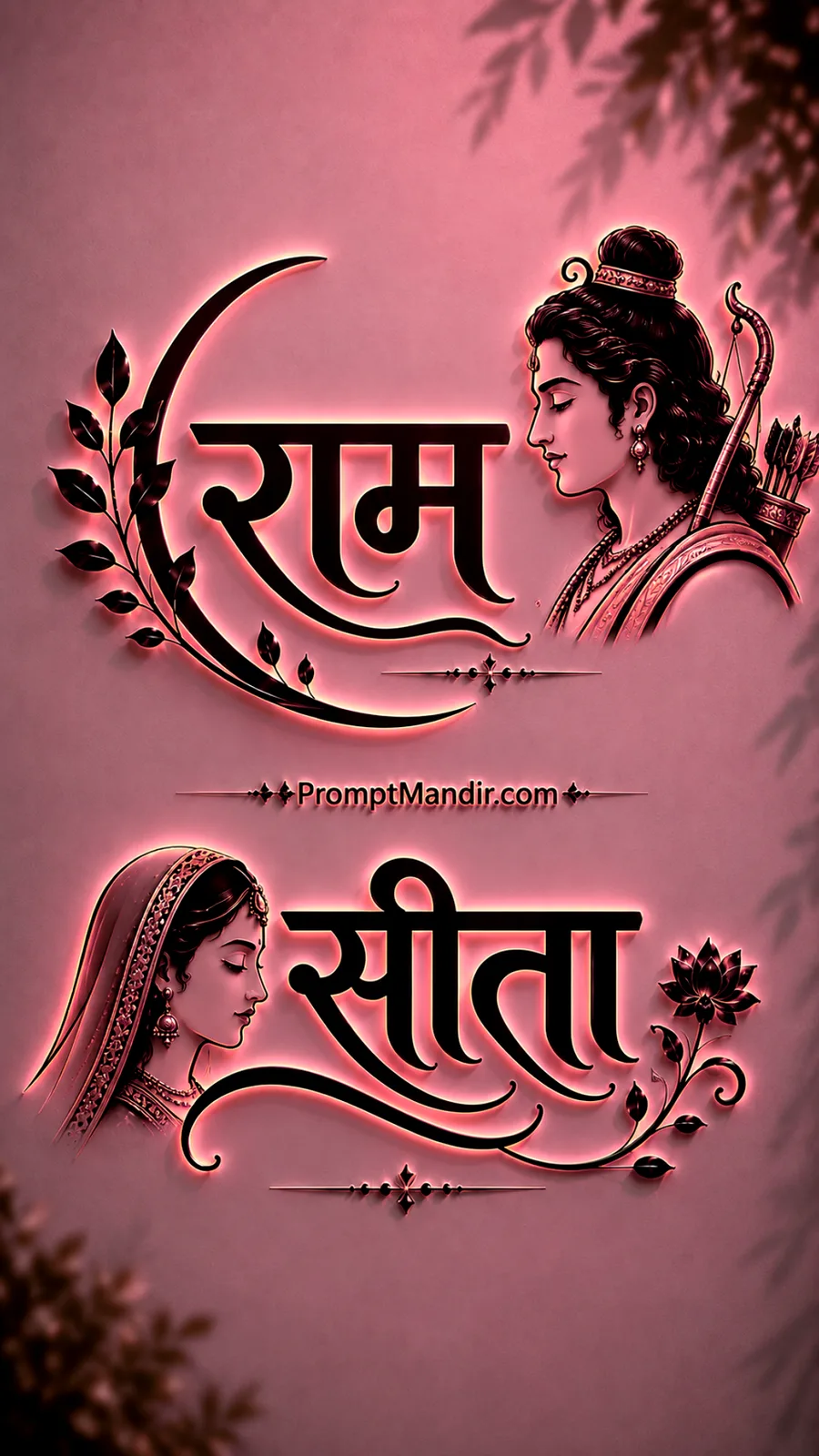 Soft 3D pink neon embossed typography of Lord Rama and Goddess Sita with their names, a bow, and a quiver