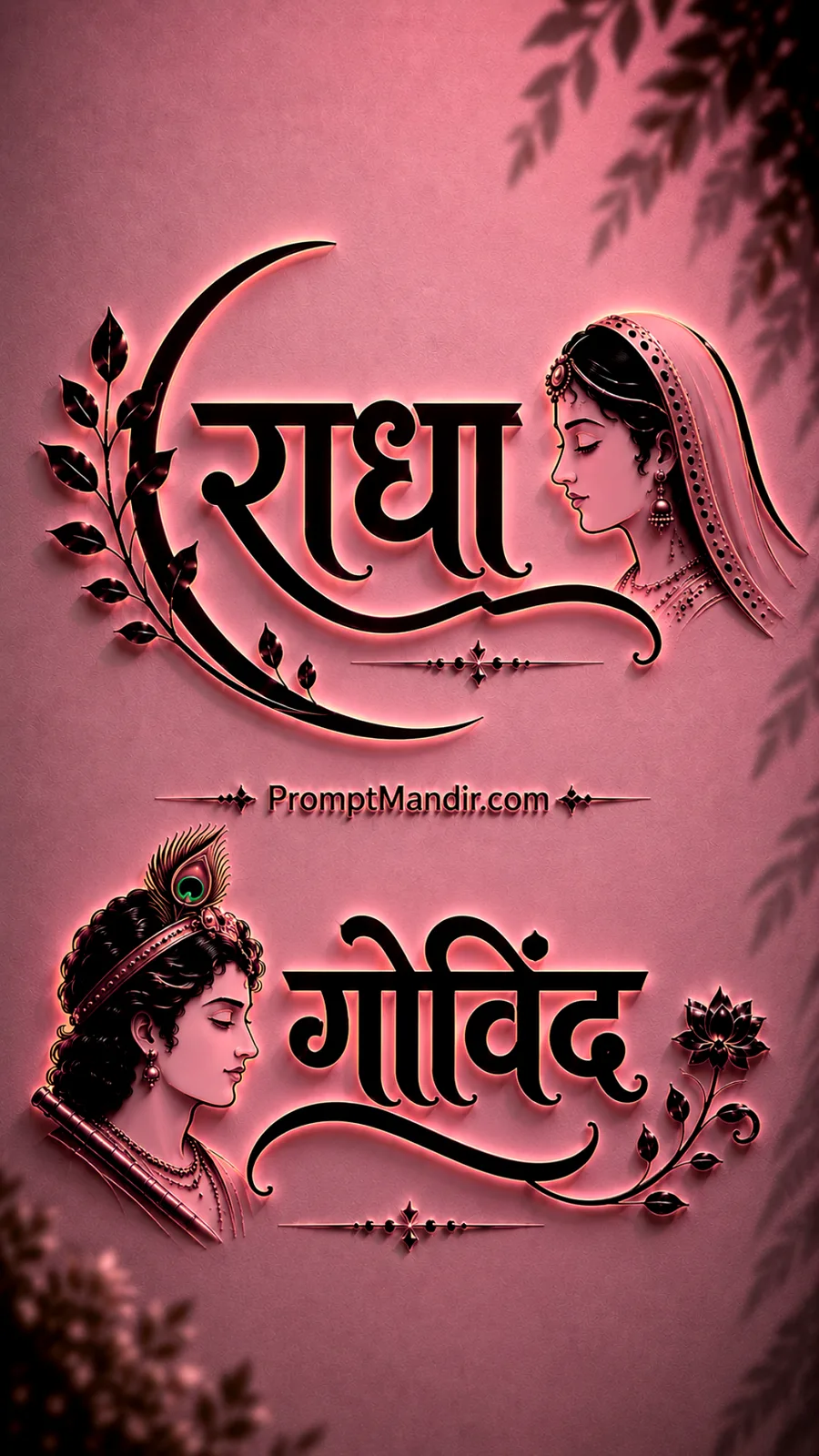 Soft 3D pink neon embossed typography of Goddess Radha and Lord Govind with their names, a flute, and a peacock feather