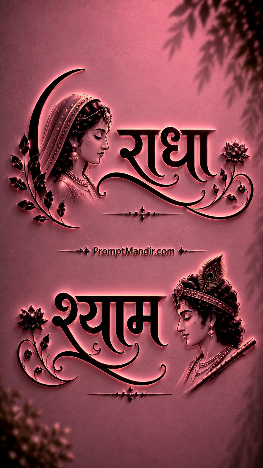 Soft 3D pink neon embossed typography of Goddess Radha and Lord Shyam with their names, a flute, and a peacock feather