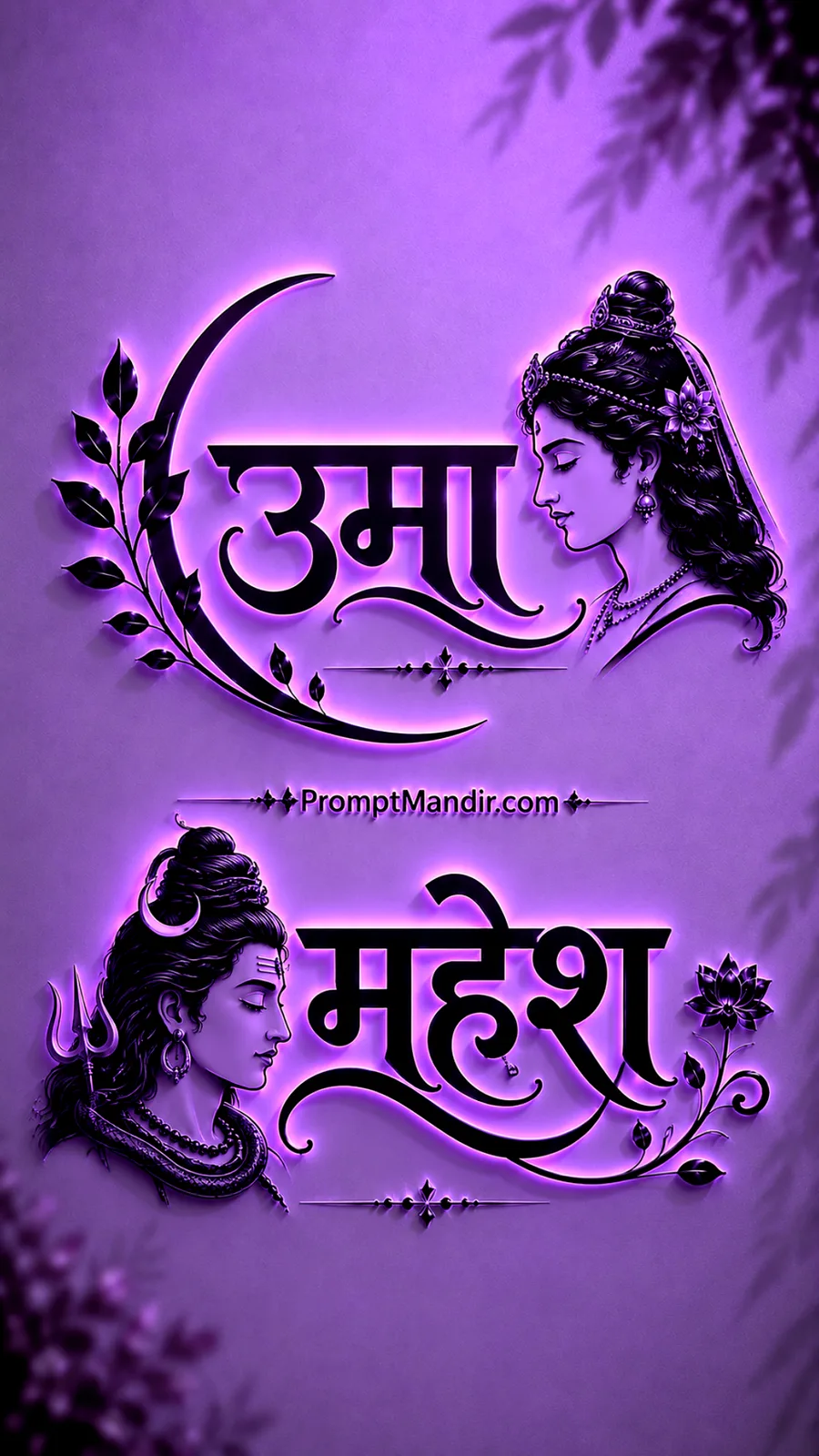 Mystical 3D purple neon embossed typography of Goddess Uma and Lord Mahesh with their names, a Trishul, and a crescent moon