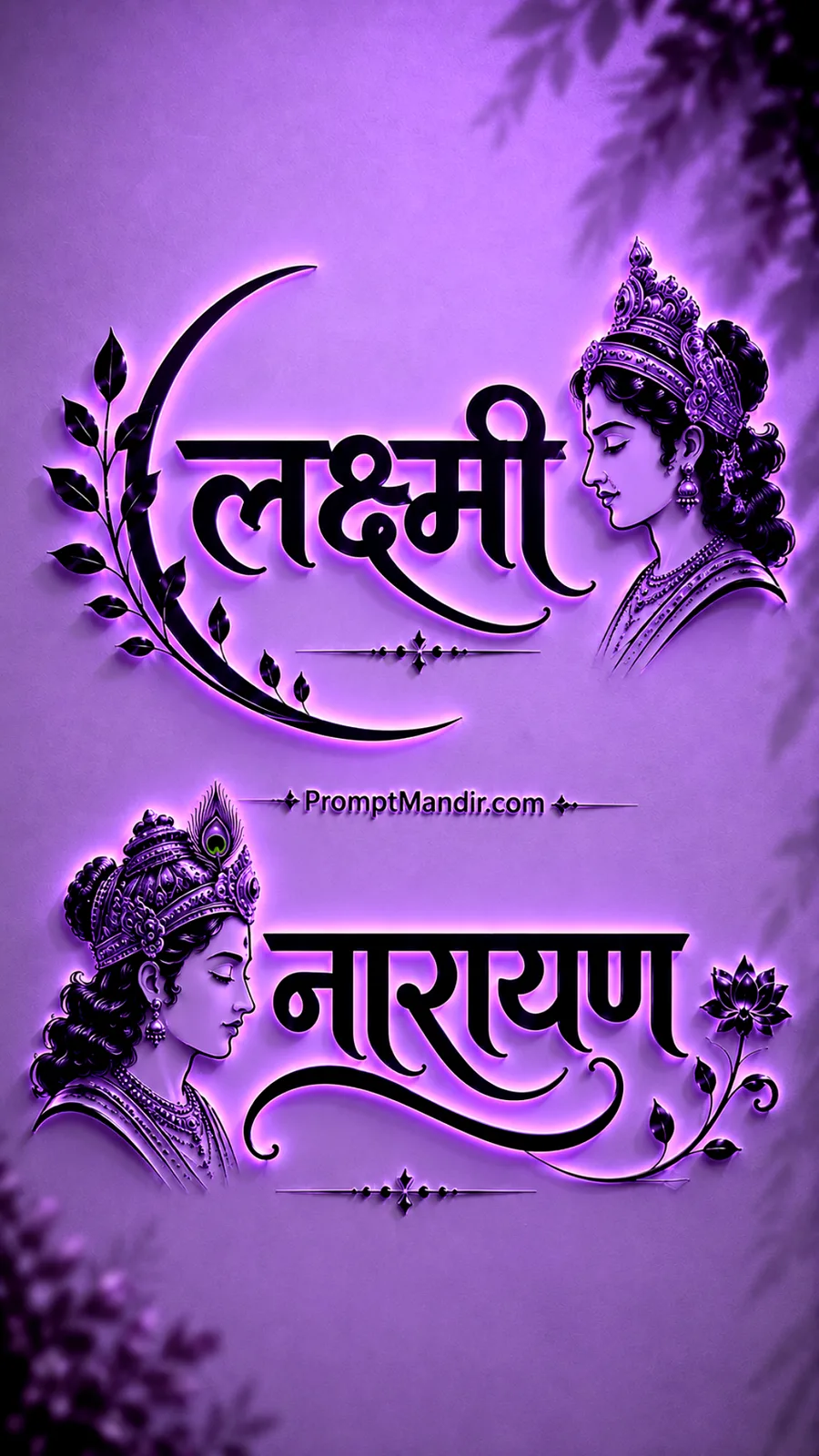 Mystical 3D purple neon embossed typography of Goddess Lakshmi and Lord Narayana with their names and a lotus flower
