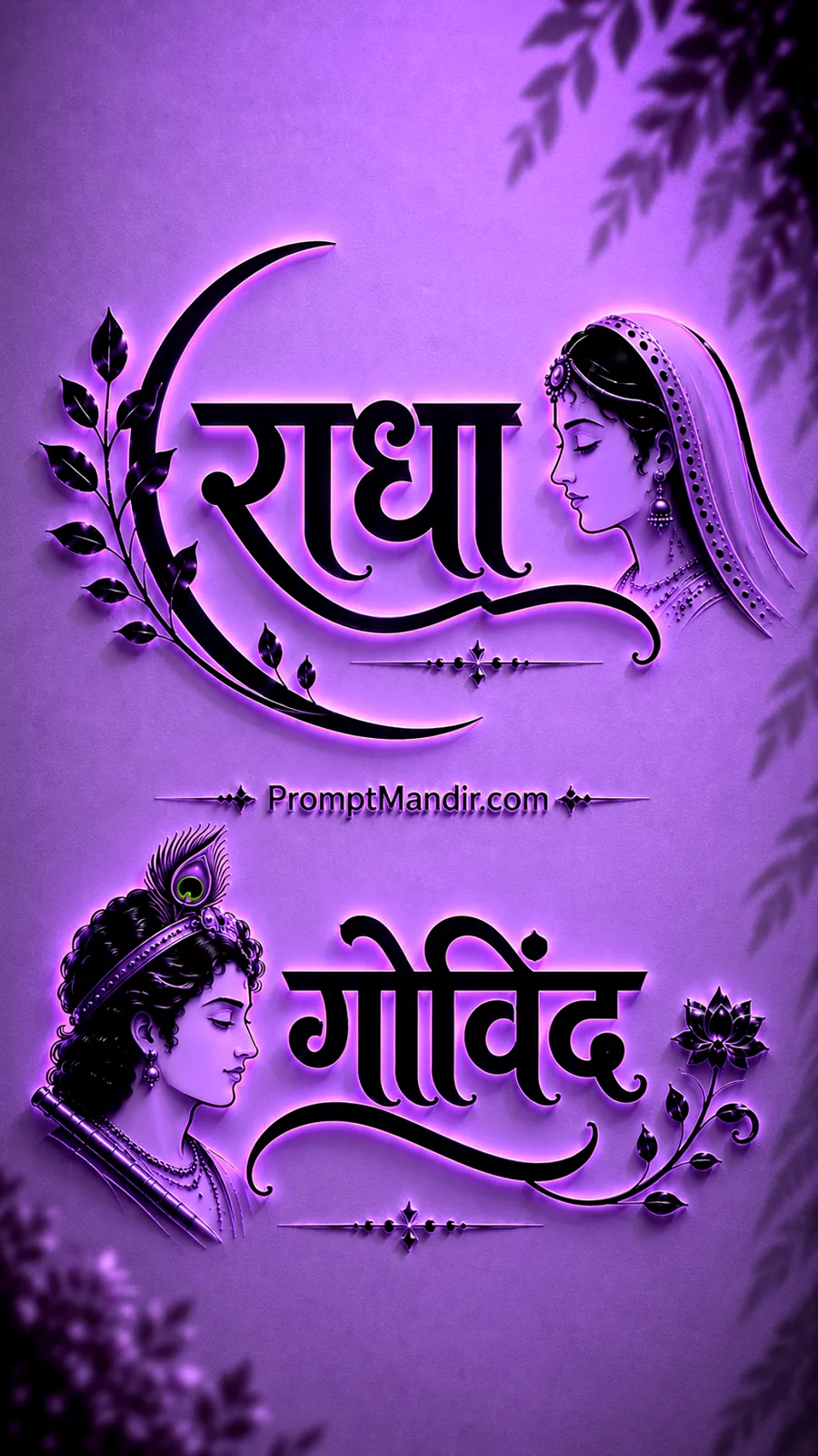 Mystical 3D purple neon embossed typography of Goddess Radha and Lord Govind with their names, a flute, and a peacock feather
