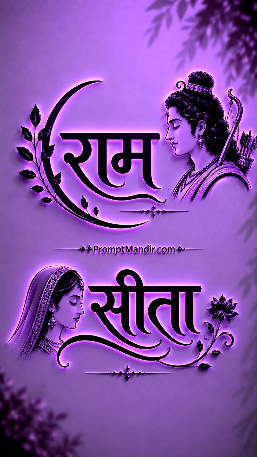 Mystical 3D purple neon embossed typography of Lord Rama and Goddess Sita with their names, a bow, and a quiver