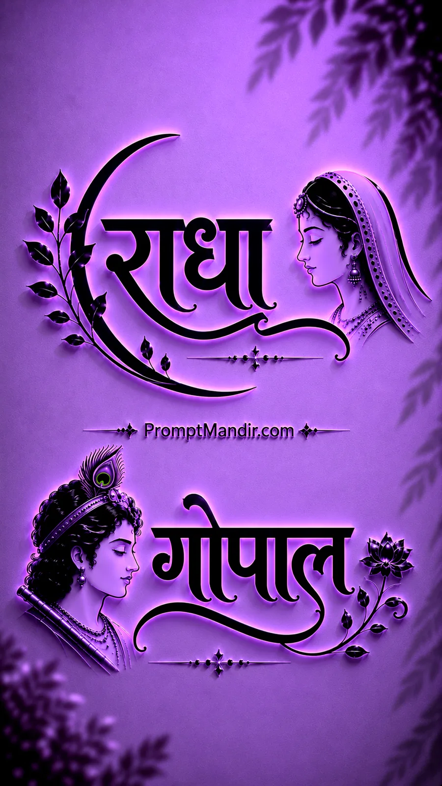 Mystical 3D purple neon embossed typography of Goddess Radha and Lord Gopal with their names, a flute, and a peacock feather