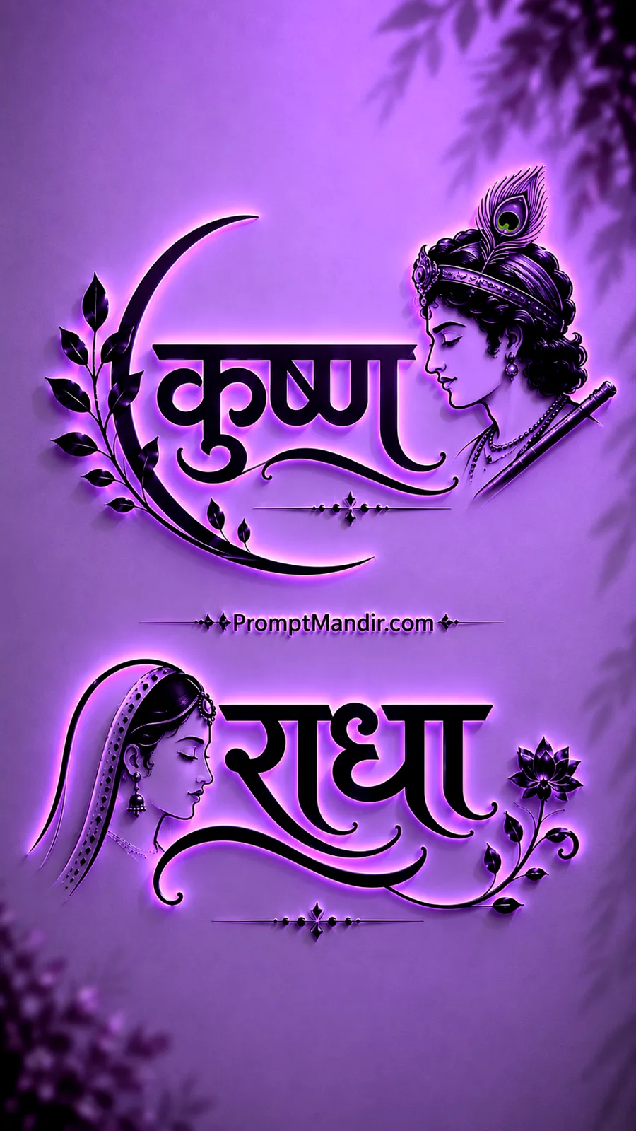 Mystical 3D purple neon embossed typography of Lord Krishna and Goddess Radha with their names, a flute, and a peacock feather