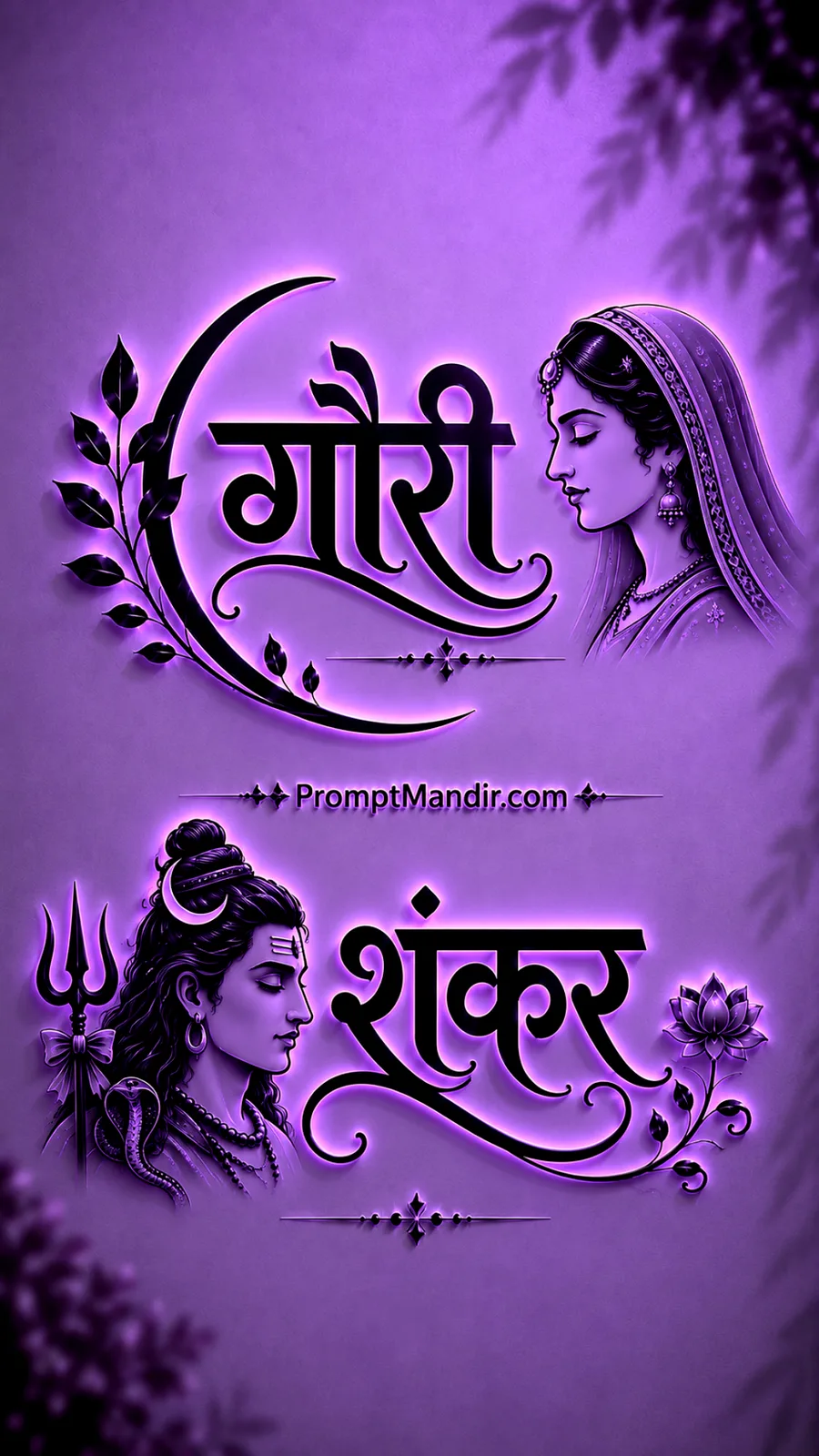Mystical 3D purple neon embossed typography of Goddess Gauri and Lord Shankar with their names, a Trishul, and a serpent
