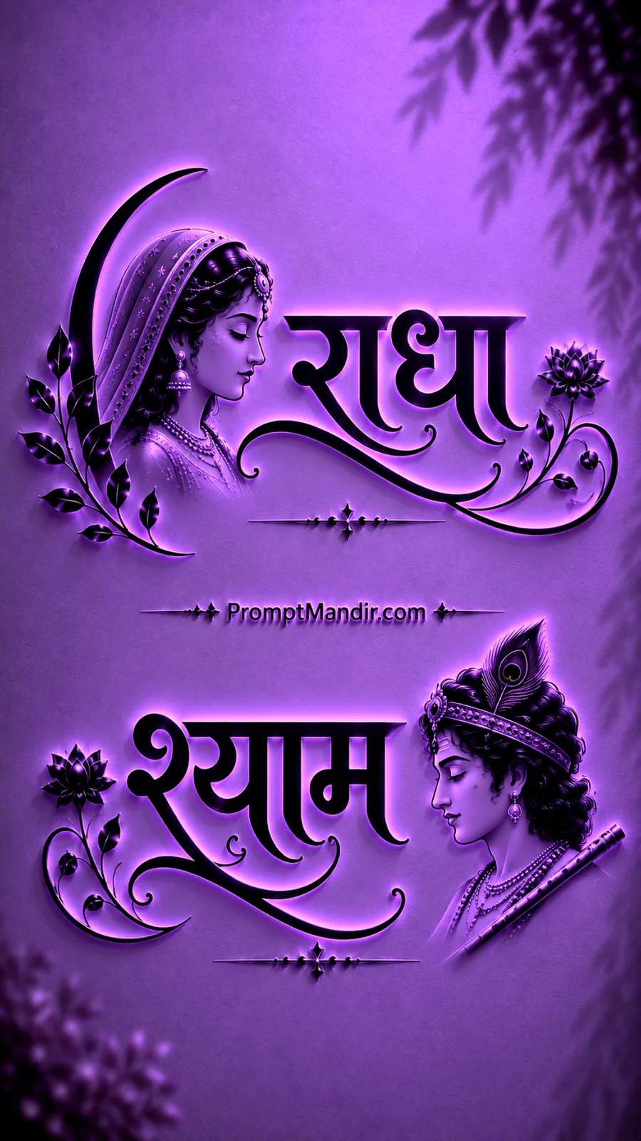 Mystical 3D purple neon embossed typography of Goddess Radha and Lord Shyam with their names, a flute, and a peacock feather