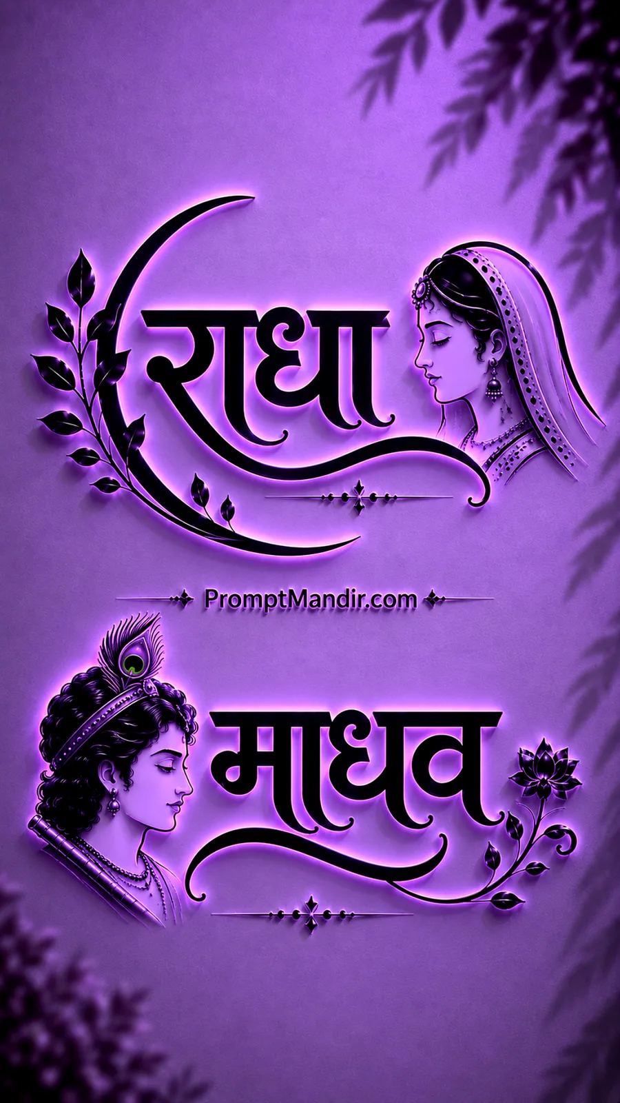 Mystical 3D purple neon embossed typography of Goddess Radha and Lord Madhava with their names, a flute, and a peacock feather