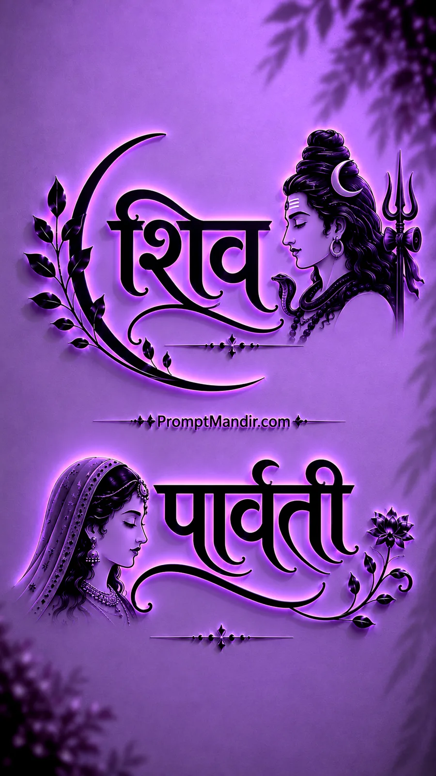 Mystical 3D purple neon embossed typography of Lord Shiva and Goddess Parvati with their names, a Trishul, and a crescent moon