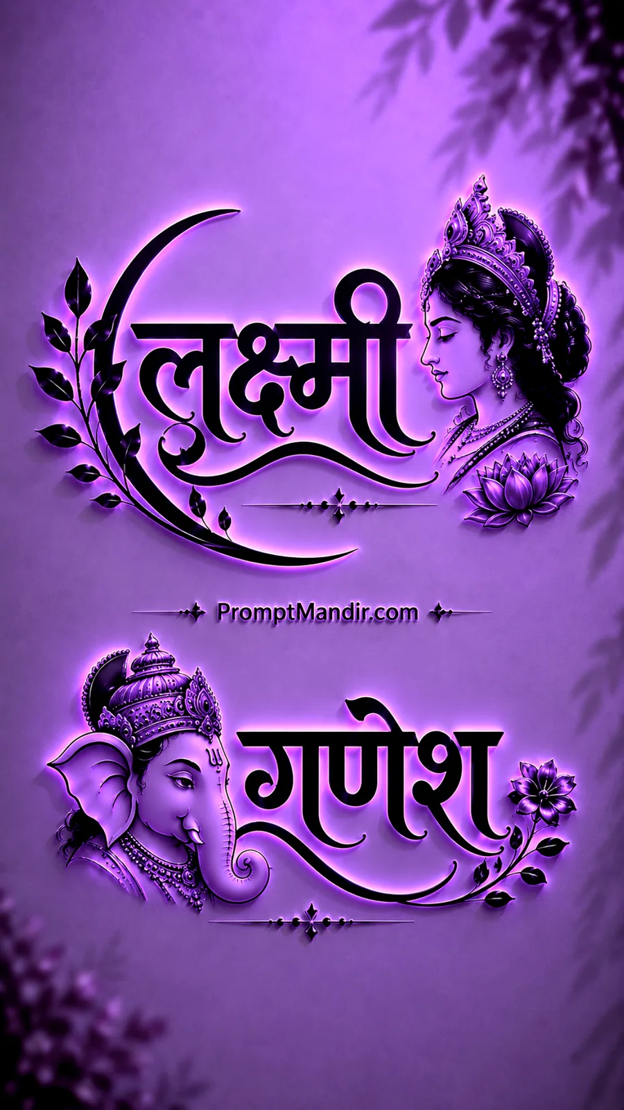 Mystical 3D purple neon embossed typography of Goddess Lakshmi and Lord Ganesha with their names and a lotus flower