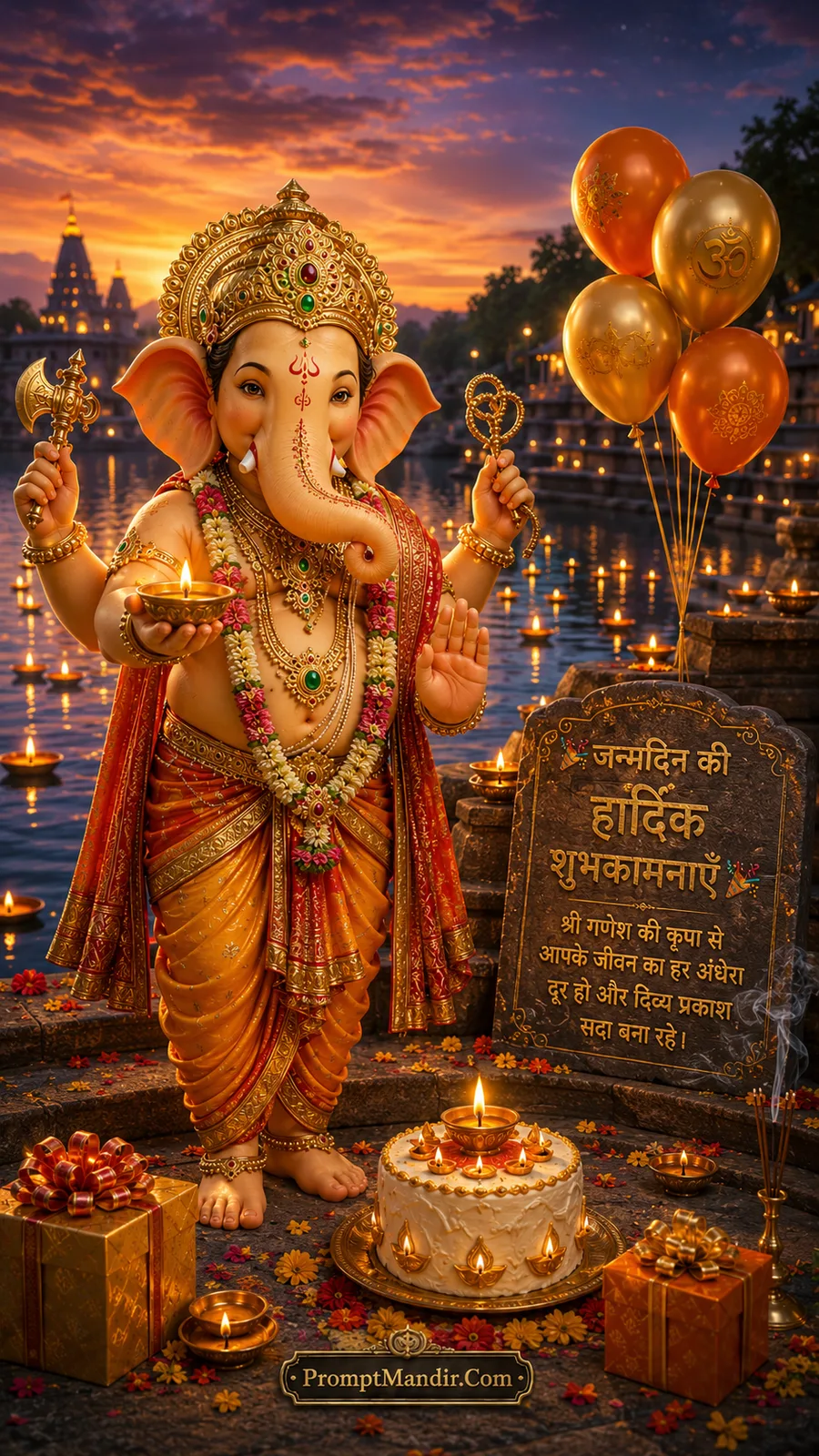 Divine Lord Ganesha holding diya beside birthday cake at glowing riverside temple during sunset
