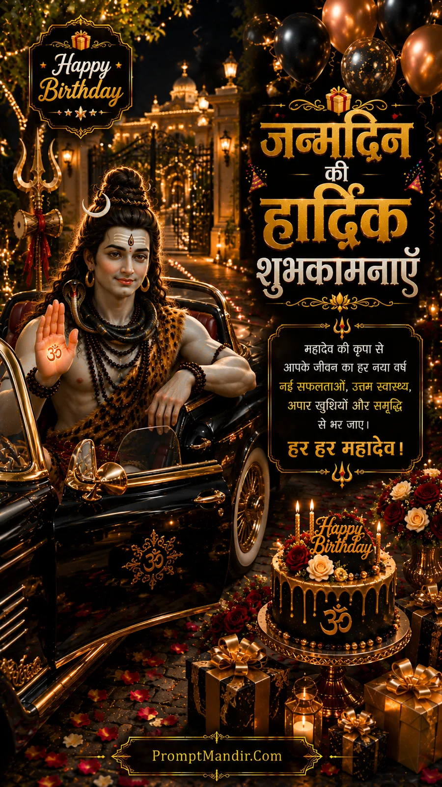 Divine Lord Shiva blessing devotees beside luxury vintage car with birthday cake and festive lights