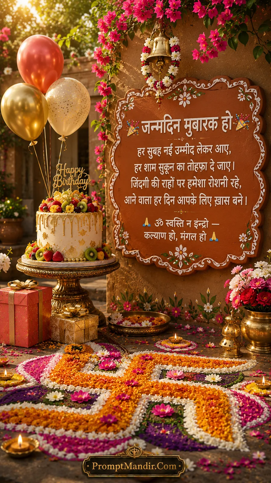 Elegant birthday cake with floral rangoli, festive balloons, and traditional Hindu blessing board outdoors
