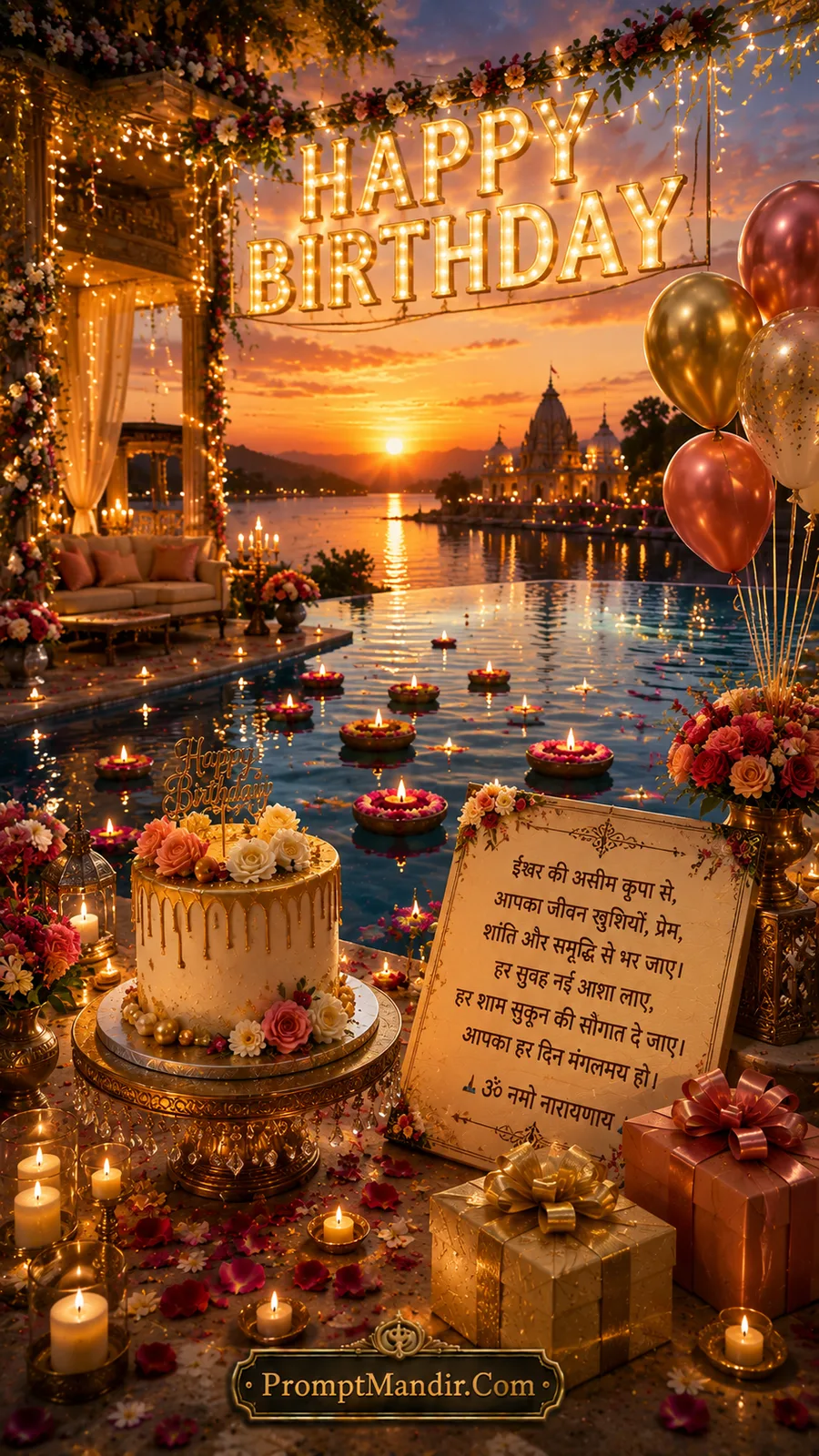 Luxury birthday cake beside illuminated riverside temple with floating diyas at glowing sunset