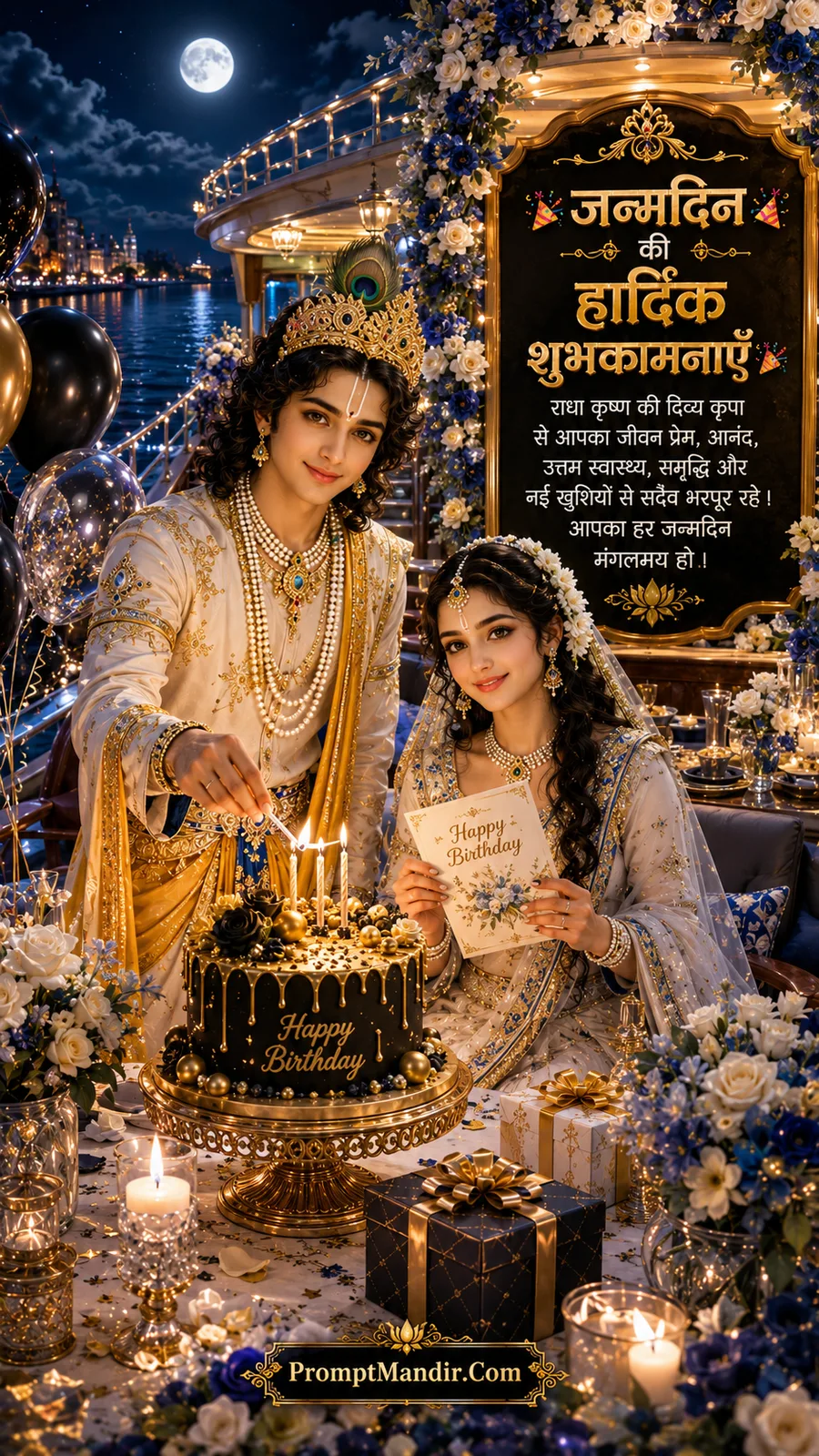 Divine Radha Krishna birthday celebration with elegant cake, moonlit riverside venue and floral decorations