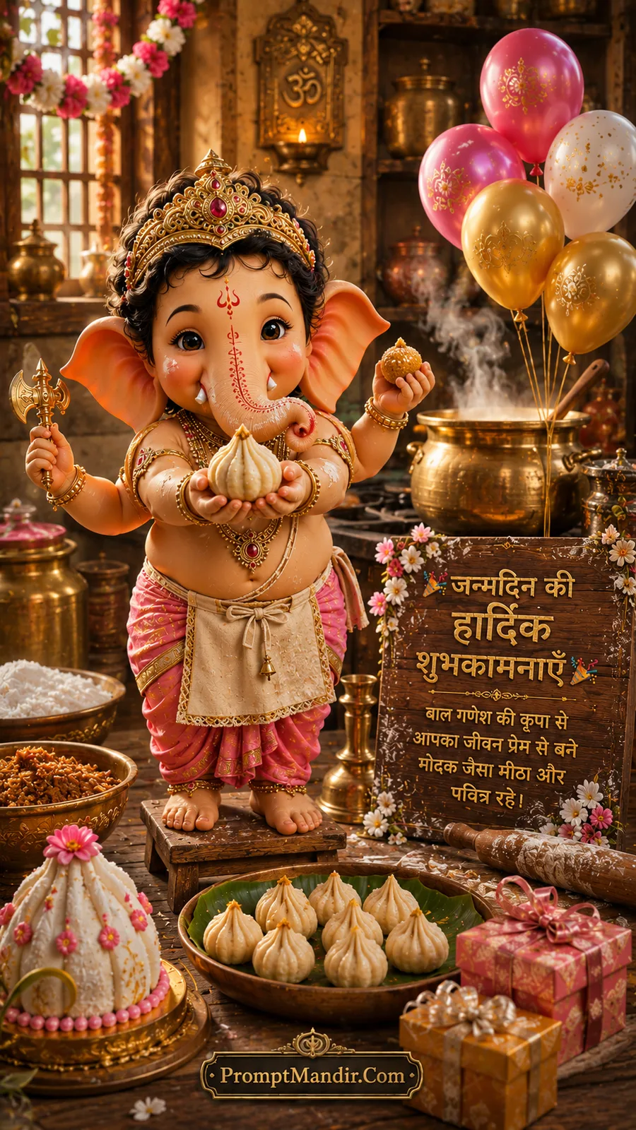 Cute Bal Ganesha offering modak inside festive traditional kitchen with colorful birthday balloons