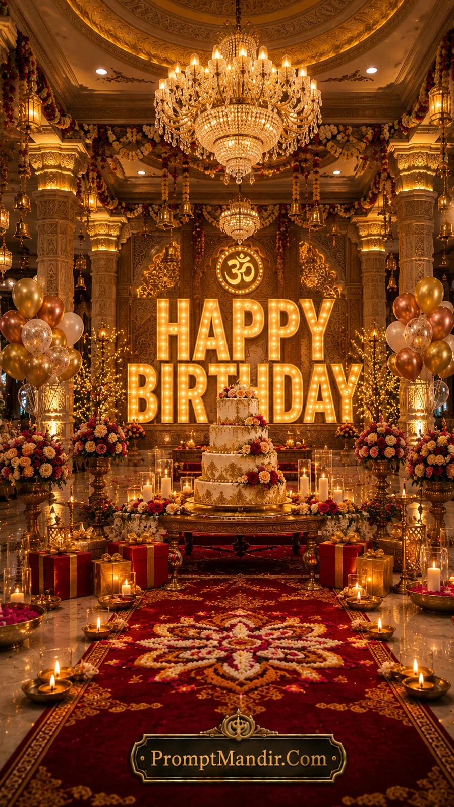 Grand birthday hall decorated with chandeliers, floral arrangements, luxury cake, and glowing celebration sign