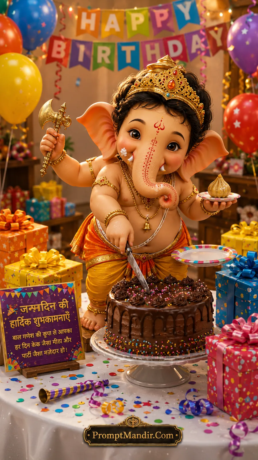 Playful Bal Ganesha cutting chocolate birthday cake surrounded by balloons and colorful gifts