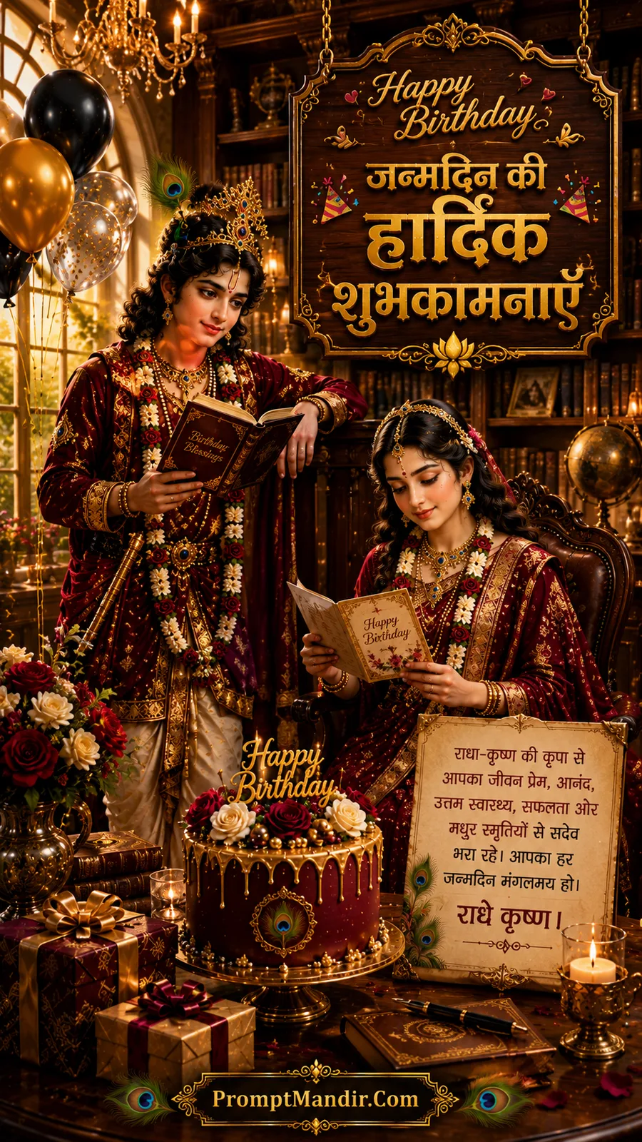 Radha Krishna reading birthday blessings inside a royal library with festive cake and balloons